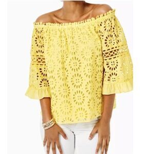 Lilly Pulitzer XL Laurenne Top Oversized Pinwheel Eyelet Calla Yellow lined